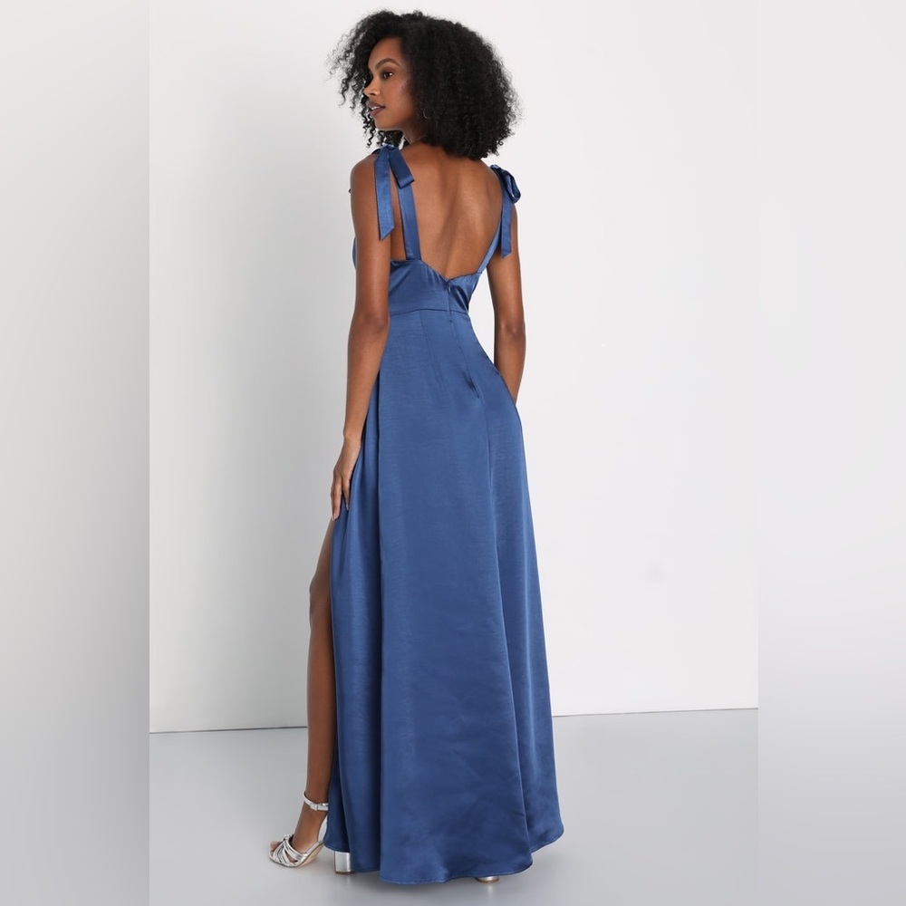 Lulus Effortless Sophistication Navy Blue Satin Tie-Strap Long Maxi Dress,Size S - Picture 3 of 16
